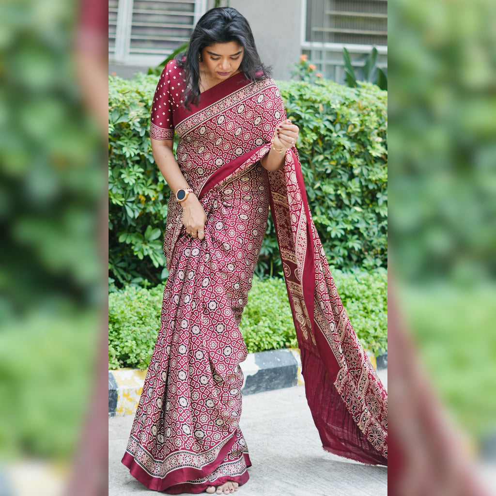 Ajrakh Modal Silk Saree – HOS-105